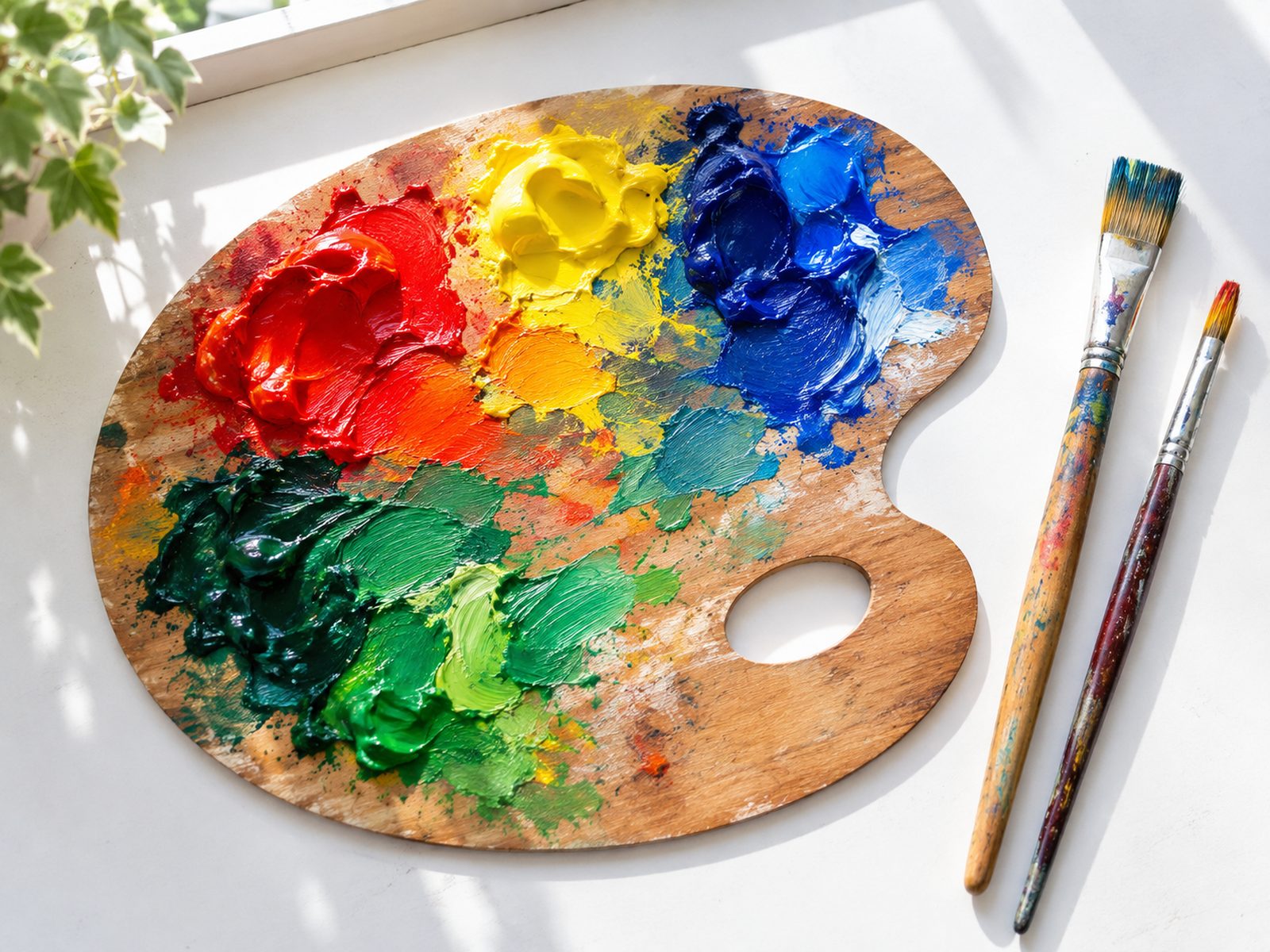 赤・黄・青・緑の油絵の具を混ぜている途中の木のパレットと絵筆（イメージ）