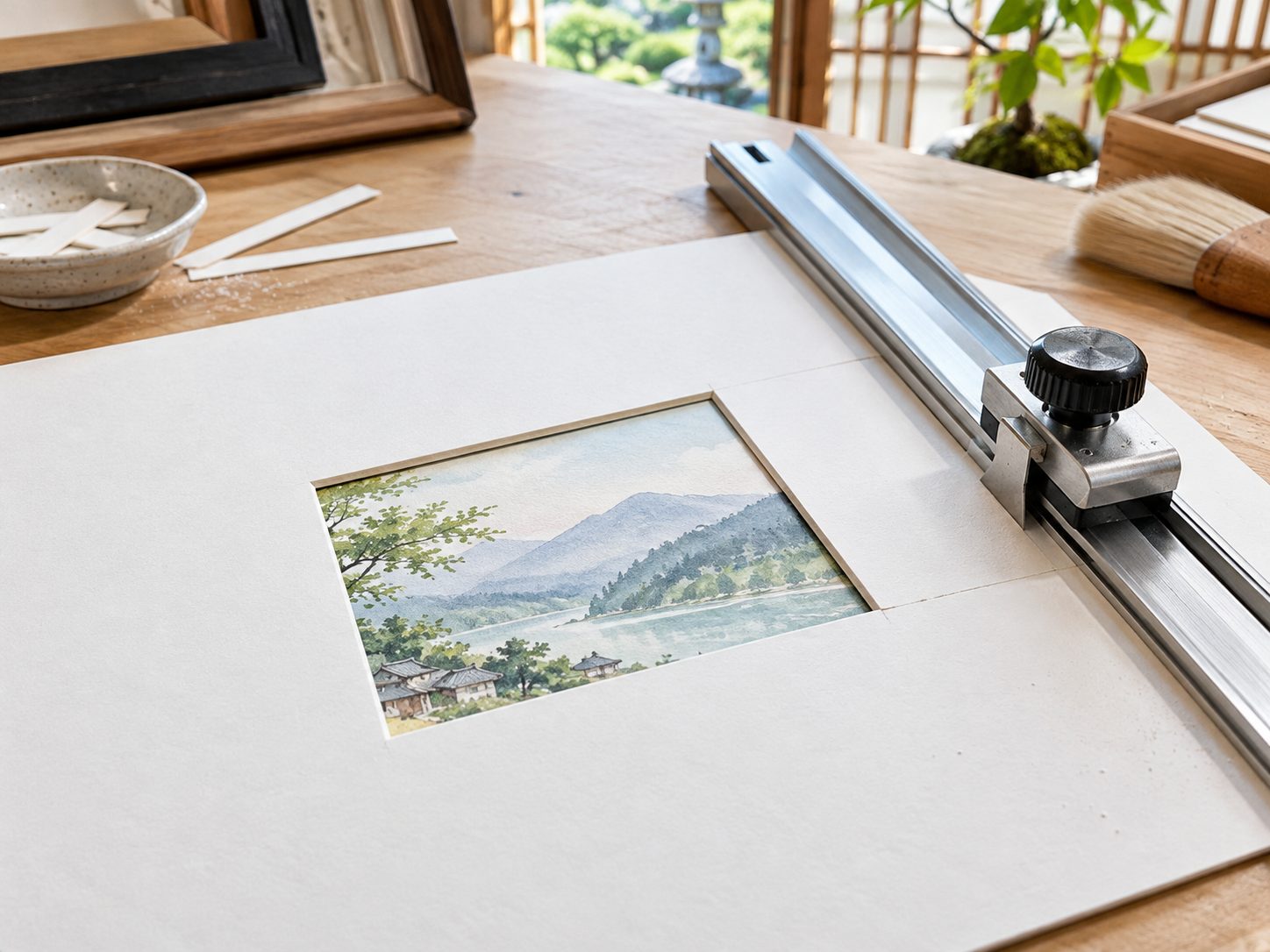 明るい木の作業台で、白いマットに窓を切り抜いている途中のマットカッター（イメージ）