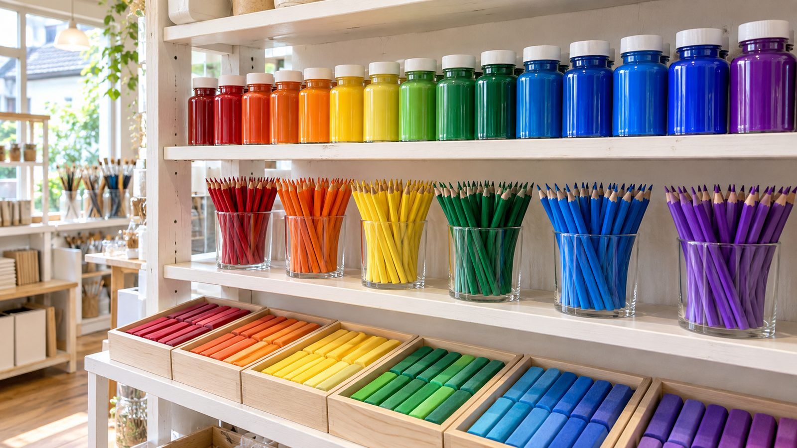 明るい売り場の白い棚に、絵の具の瓶・色鉛筆・パステルが赤から紫へ色の順に並んでいる様子（イメージ）